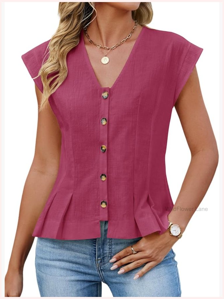 V Neck Crop Tank Tops Cap Sleeve Spring Summer Blouse Button Down Shirts Going